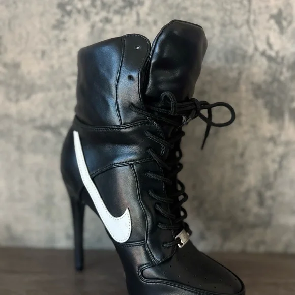 2000s Inspired Sneaker Black Lace-Up High-Heel Ankle Boot with White swoosh - Picture 5 of 7